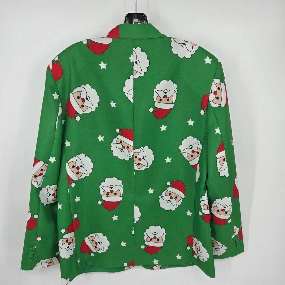 Happy Hour Men's Green Santa Print Suit Set Blazer Pants & Tie Christmas